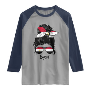 Egyptian Flag Messy Bun Girl Raglan Shirt Patriotic Egypt Women TS02 Sport Gray Navy Print Your Wear