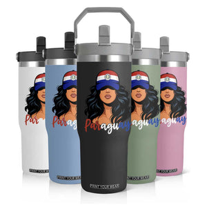Proud Paraguayan Woman Melanin Curls Afro Latina Flip Straw Tumbler Paraguay Flag Roots Hispanic Heritage Pride TS02 Print Your Wear