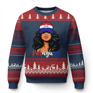 Proud Paraguayan Woman Melanin Curls Afro Latina Ugly Christmas Sweater Paraguay Flag Roots Hispanic Heritage Pride TS02 Navy Red Print Your Wear