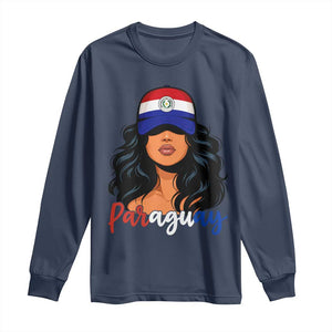Proud Paraguayan Woman Melanin Curls Afro Latina Long Sleeve Shirt Paraguay Flag Roots Hispanic Heritage Pride TS02 Navy Print Your Wear
