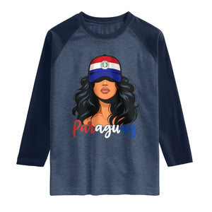 Proud Paraguayan Woman Melanin Curls Afro Latina Raglan Shirt Paraguay Flag Roots Hispanic Heritage Pride TS02 Heather Denim Navy Print Your Wear