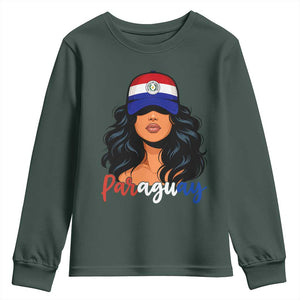 Proud Paraguayan Woman Melanin Curls Afro Latina Youth Sweatshirt Paraguay Flag Roots Hispanic Heritage Pride TS02 Dark Forest Green Print Your Wear
