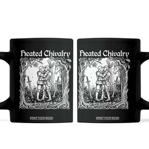 Heated Chivalry Kissing Knights Coffee Mug Romantic Funny Medieval Woodcut Fantasy Folklore Graphic TS02 Black Print Your Wear