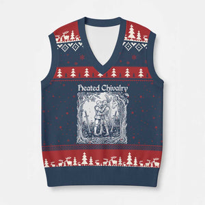 Heated Chivalry Kissing Knights V-Neck Knit Sweater Vest Romantic Funny Medieval Woodcut Fantasy Folklore Graphic TS02 Navy Red Print Your Wear