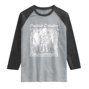 Heated Chivalry Kissing Knights Raglan Shirt Romantic Funny Medieval Woodcut Fantasy Folklore Graphic TS02 Heather Gray Heather Charcoal Print Your Wear