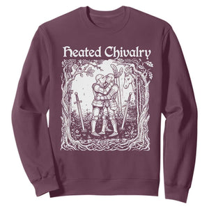 Heated Chivalry Kissing Knights Sweatshirt Romantic Funny Medieval Woodcut Fantasy Folklore Graphic TS02 Maroon Print Your Wear