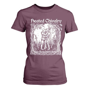 Heated Chivalry Kissing Knights T Shirt For Women Romantic Funny Medieval Woodcut Fantasy Folklore Graphic TS02 Maroon Print Your Wear