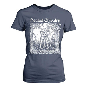 Heated Chivalry Kissing Knights T Shirt For Women Romantic Funny Medieval Woodcut Fantasy Folklore Graphic TS02 Navy Print Your Wear