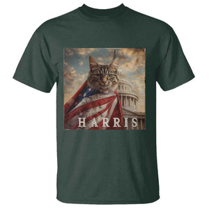 Childless Cat Ladies For Harris 2024 T Shirt Kamala For President Retro American Flag Cat Graphic TS02 Dark Forest Green Print Your Wear