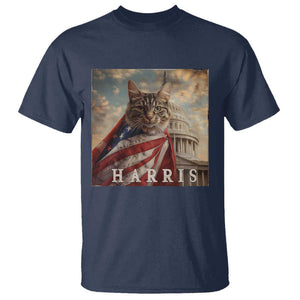 Childless Cat Ladies For Harris 2024 T Shirt Kamala For President Retro American Flag Cat Graphic TS02 Navy Print Your Wear
