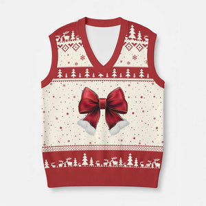 Red Coquette Bow Santa Xmas Vibe V-Neck Knit Sweater Vest TS02 Beige Red Print Your Wear