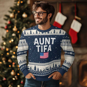 Aunt Tifa Ugly Christmas Sweater Funny Political Sarcasm Patriotic American Flag TS02 Navy Beige Print Your Wear