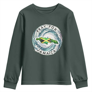 Pray For Jamaica Hurricane Support Youth Sweatshirt Strong Island Map and Storm Graphic TS02 Dark Forest Green Print Your Wear