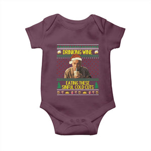 Funny Ed Gein Christmas Meme Baby Onesie Drinking Wine Eating This Sinful Cold Cuts Viral Scene TS02 Maroon Print Your Wear