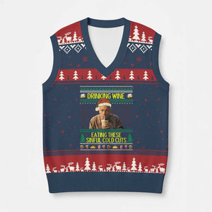 Funny Ed Gein Christmas Meme V-Neck Knit Sweater Vest Drinking Wine Eating This Sinful Cold Cuts Viral Scene TS02 Navy Red Print Your Wear