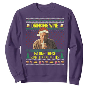 Funny Ed Gein Christmas Meme Sweatshirt Drinking Wine Eating This Sinful Cold Cuts Viral Scene TS02 Purple Print Your Wear