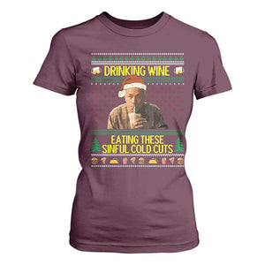 Funny Ed Gein Christmas Meme T Shirt For Women Drinking Wine Eating This Sinful Cold Cuts Viral Scene - Print Your Wear