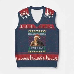 Funny Ed Gein Drinking Wine V-Neck Knit Sweater Vest Im Going Drinking Yes I Am Christmas Meme TS02 Navy Red Print Your Wear