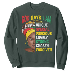 Black History Month Sweatshirt God Says I Am Bible Melanin Girl Pride TS02 Dark Forest Green Printyourwear