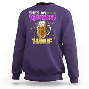 Funny Mardi Gras Drinking Couple Matching Sweatshirt She's My Drunker Half TS02 Purple Printyourwear