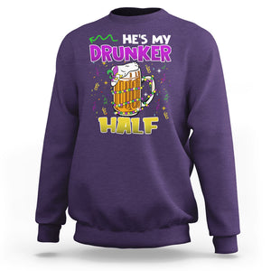 Funny Mardi Gras Drinking Couple Matching Sweatshirt He's My Drunker Half TS02 Purple Printyourwear
