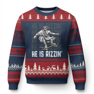 He Is Rizzin Funny Christian Easter Skateboarding Jesus Meme Ugly Christmas Sweater Faith Humor Trendy Youth Gift TS02 Navy Red Print Your Wear