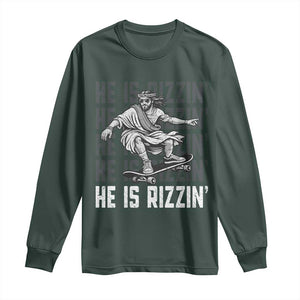 He Is Rizzin Funny Christian Easter Skateboarding Jesus Meme Long Sleeve Shirt Faith Humor Trendy Youth Gift TS02 Dark Forest Green Print Your Wear