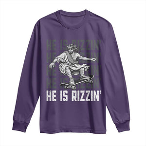 He Is Rizzin Funny Christian Easter Skateboarding Jesus Meme Long Sleeve Shirt Faith Humor Trendy Youth Gift TS02 Purple Print Your Wear
