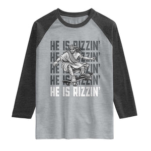 He Is Rizzin Funny Christian Easter Skateboarding Jesus Meme Raglan Shirt Faith Humor Trendy Youth Gift TS02 Heather Gray Heather Charcoal Print Your Wear