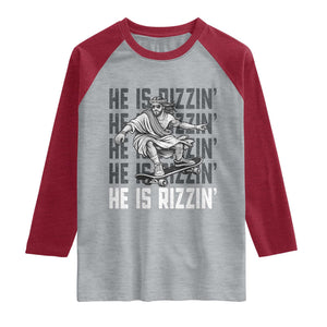 He Is Rizzin Funny Christian Easter Skateboarding Jesus Meme Raglan Shirt Faith Humor Trendy Youth Gift TS02 Heather Gray Heather Red Print Your Wear