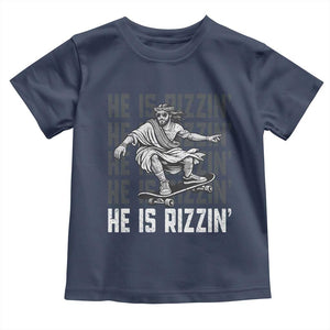 He Is Rizzin Funny Christian Easter Skateboarding Jesus Meme Toddler T Shirt Faith Humor Trendy Youth Gift TS02 Navy Print Your Wear