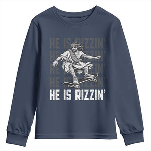 He Is Rizzin Funny Christian Easter Skateboarding Jesus Meme Youth Sweatshirt Faith Humor Trendy Youth Gift TS02 Navy Print Your Wear
