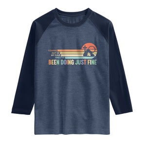 Retro Coming Out Of My Cave Christian Easter Parody Raglan Shirt I’ve Been Doing Just Fine Resurrection Humor Faith Gift TS02 Heather Denim Navy Print Your Wear