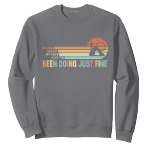 Retro Coming Out Of My Cave Christian Easter Parody Sweatshirt I’ve Been Doing Just Fine Resurrection Humor Faith Gift TS02 Charcoal Print Your Wear