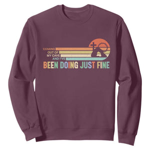 Retro Coming Out Of My Cave Christian Easter Parody Sweatshirt I’ve Been Doing Just Fine Resurrection Humor Faith Gift TS02 Maroon Print Your Wear