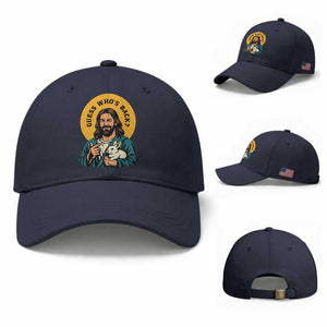 Guess Who is Back Funny Christian Easter Baseball Cap Winking Jesus with Lamb Cute Resurrection Humor Gift TS02 Baseball Cap Universal Fit Navy Print Your Wear