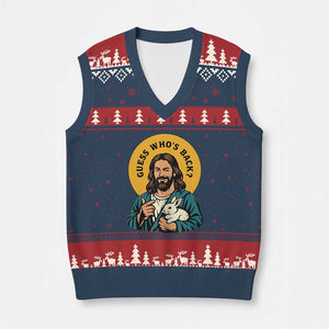 Guess Who is Back Funny Christian Easter V-Neck Knit Sweater Vest Winking Jesus with Lamb Cute Resurrection Humor Gift TS02 Navy Red Print Your Wear