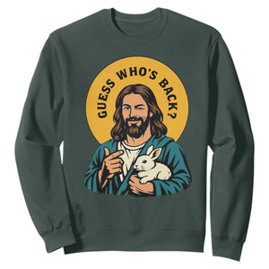 Guess Who is Back Funny Christian Easter Sweatshirt Winking Jesus with Lamb Cute Resurrection Humor Gift TS02 Dark Forest Green Print Your Wear