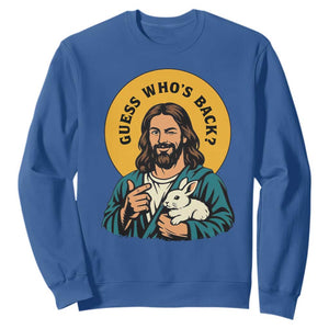 Guess Who is Back Funny Christian Easter Sweatshirt Winking Jesus with Lamb Cute Resurrection Humor Gift TS02 Royal Blue Print Your Wear