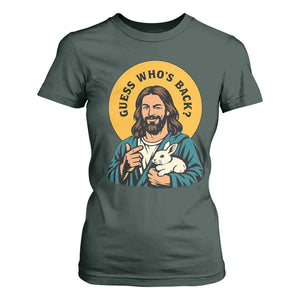 Guess Who is Back Funny Christian Easter T Shirt For Women Winking Jesus with Lamb Cute Resurrection Humor Gift TS02 Dark Forest Green Print Your Wear