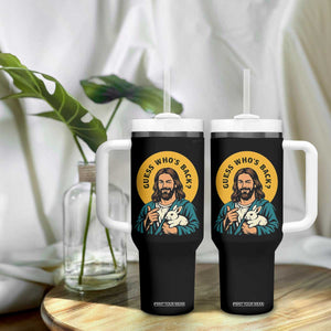 Guess Who is Back Funny Christian Easter Tumbler With Handle Winking Jesus with Lamb Cute Resurrection Humor Gift TS02 Print Your Wear