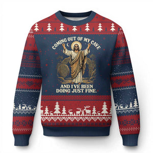 Coming Out Of My Cave Christian Easter Ugly Christmas Sweater Risen Jesus Tomb Scene Inspirational Faith Message Gift TS02 Navy Red Print Your Wear