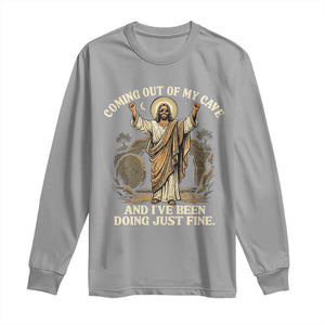 Coming Out Of My Cave Christian Easter Long Sleeve Shirt Risen Jesus Tomb Scene Inspirational Faith Message Gift TS02 Sport Gray Print Your Wear