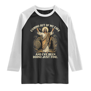 Coming Out Of My Cave Christian Easter Raglan Shirt Risen Jesus Tomb Scene Inspirational Faith Message Gift TS02 Black White Print Your Wear