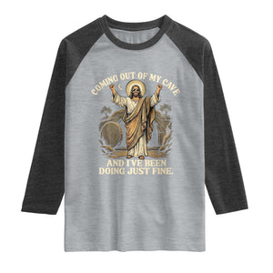 Coming Out Of My Cave Christian Easter Raglan Shirt Risen Jesus Tomb Scene Inspirational Faith Message Gift TS02 Heather Gray Heather Charcoal Print Your Wear