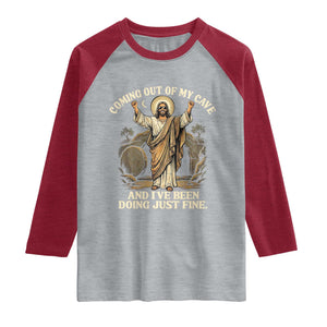 Coming Out Of My Cave Christian Easter Raglan Shirt Risen Jesus Tomb Scene Inspirational Faith Message Gift TS02 Heather Gray Heather Red Print Your Wear