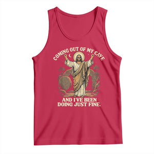 Coming Out Of My Cave Christian Easter Tank Top Risen Jesus Tomb Scene Inspirational Faith Message Gift TS02 Red Print Your Wear