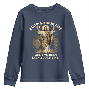Coming Out Of My Cave Christian Easter Youth Sweatshirt Risen Jesus Tomb Scene Inspirational Faith Message Gift TS02 Navy Print Your Wear