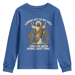 Coming Out Of My Cave Christian Easter Youth Sweatshirt Risen Jesus Tomb Scene Inspirational Faith Message Gift TS02 Royal Blue Print Your Wear