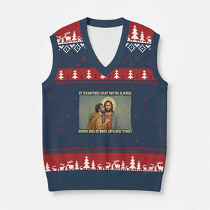 It Started Out With A Kiss Christian Easter V-Neck Knit Sweater Vest Judas Betrayal Biblical Scene Faith Reflection Gift TS02 Navy Red Print Your Wear